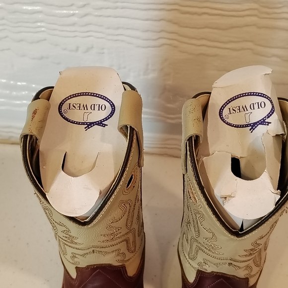 OLD WEST LEATHER COWBOY BOOTS KIDS 8.5 BBSC1855 BROWN TAN COWBOY RODEO FAIR - Picture 2 of 9